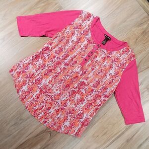 🔺️Bit & Bridle Pink & Orange Print 3/4 Sleeve Top Large